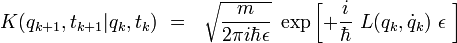 K(q_{k+1},t_{k+1}|q_{k},t_{k})  \ = \  \ \sqrt{\frac{m}{2 \pi i  \hbar \epsilon}} \ \exp \left[ + \frac{i}{\hbar} \  L(q_k,\dot{q}_k) \ \epsilon \ \right] 