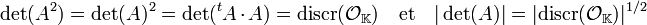 \det (A^2) = \det (A)^2 = \det (^tA\cdot A) = \text{discr}(\mathcal O_{\mathbb K})\quad \text{et}\quad |\det (A)| = |\text{discr}(\mathcal O_{\mathbb K})|^{1/2}