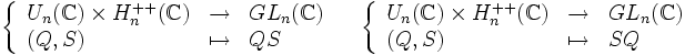  \left\{\begin{array}{lll} U_n(\mathbb C)\times H_n^{++}(\mathbb C) &\to &GL_n(\mathbb C)\\ (Q,S) &\mapsto & QS \end{array}\right.\quad \left\{\begin{array}{lll} U_n(\mathbb C)\times H_n^{++}(\mathbb C) &\to &GL_n(\mathbb C)\\ (Q,S) &\mapsto  & SQ \end{array}\right. 