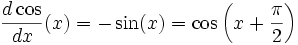{d \cos \over dx}(x) = -\sin(x) = \cos\left(x + \frac \pi{2}\right)