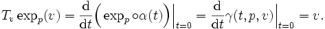  T_v\exp_p(v) = \frac{\mathrm d}{\mathrm d t}\Bigl(\exp_p\circ\alpha(t)\Bigr)\Big\vert_{t=0}=\frac{\mathrm d}{\mathrm d t}\gamma(t,p,v)\Big\vert_{t=0} = v. 