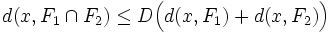 d(x,F_1\cap F_2) \le D \Big(d(x,F_1)+d(x,F_2)\Big)\;