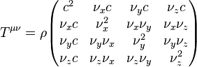 T^{\mu\nu}= \rho \begin{pmatrix} c^2 & \nu_x c & \nu_y c & \nu_z c\\ \nu_x c & \nu^2_x & \nu_x \nu_y & \nu_x \nu_z\\ \nu_y c & \nu_y \nu_x & \nu^2_y & \nu_y \nu_z\\ \nu_z c & \nu_z \nu_x & \nu_z \nu_y & \nu^2_z \end{pmatrix}