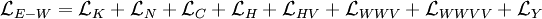 \mathcal{L}_{E-W} = \mathcal{L}_K + \mathcal{L}_N + \mathcal{L}_C + \mathcal{L}_H + \mathcal{L}_{HV} + \mathcal{L}_{WWV} + \mathcal{L}_{WWVV} + \mathcal{L}_Y