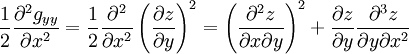  \frac12 \frac{\partial^2 g_{yy}}{\partial x^2} = \frac12\frac{\partial^2 }{\partial x^2}\left(\frac{\partial z}{\partial y}\right)^2 =\left(\frac{\partial^2 z}{\partial x\partial y}\right)^2 +\frac{\partial z}{\partial y}\frac{\partial^3 z}{\partial y\partial x^2} 