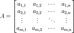 A=\begin{bmatrix} a_{1,1} & a_{1,2} & \cdots & a_{1,n} \\ a_{2,1} & a_{2,2} & \cdots & a_{2,n} \\ \vdots & \vdots & \ddots & \vdots \\ a_{m,1} & a_{m,2} & \cdots & a_{m,n} \end{bmatrix}