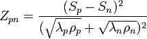  Z_{pn}=\frac{(S_p-S_n)^2}{(\sqrt{\lambda_p\rho_p}+\sqrt{\lambda_n\rho_n})^2}\,