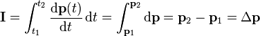 \mathbf{I}=\int_{t_1}^{t_2}\frac{\mathrm{d}\mathbf{p}(t)}{\mathrm{d}t}\,\mathrm{d}t = \int_{\mathbf{p}_1}^{\mathbf{p}_2}\mathrm{d}\mathbf{p}=\mathbf{p}_2-\mathbf{p}_1=\Delta \mathbf{p}