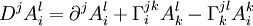 D^j A_i^l = \partial^j A_i^l + \Gamma_i^{jk} A_k^l  - \Gamma_k^{jl} A_i^k