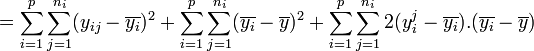  = \sum_{i=1}^p \sum_{j=1}^{n_i} (y_{ij}- \overline{y_i})^2 + \sum_{i=1}^p \sum_{j=1}^{n_i} (\overline{y_i} - \overline{y})^2 + \sum_{i=1}^p \sum_{j=1}^{n_i} 2( y_i^j - \overline{y_i}).(\overline{y_i} - \overline{y}) 