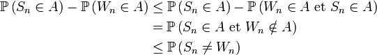 \begin{align} \mathbb{P}\left(S_n\in  A\right)-\mathbb{P}\left(W_n\in  A\right)&\le\mathbb{P}\left(S_n\in  A\right)-\mathbb{P}\left(W_n\in  A\text{ et }S_n\in  A\right) \\ &=\mathbb{P}\left(S_n\in   A\text{ et }W_n\notin  A\right) \\ &\le\mathbb{P}\left(S_n\neq W_n\right) \end{align}