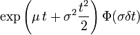 \exp\left(\mu\,t+\sigma^2 \frac{t^2}{2}\right)\Phi(\sigma\delta t)