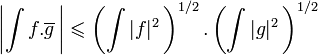 \left|\int f. \overline g\, \right| \leqslant \left( \int  |f|^2\,\right)^{1/2}. \left( \int |g|^2\, \right)^{1/2}