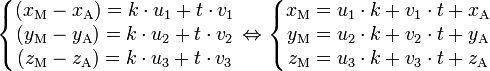 \left\{\begin{matrix} (x_\mathrm{M} - x_\mathrm{A}) = k \cdot u_1 + t \cdot v_1 \\ (y_\mathrm{M} - y_\mathrm{A}) = k \cdot u_2 + t \cdot v_2 \\ (z_\mathrm{M} - z_\mathrm{A}) = k \cdot u_3 + t \cdot v_3 \end{matrix} \right. \Leftrightarrow \left\{\begin{matrix} x_\mathrm{M} = u_1 \cdot k + v_1 \cdot t + x_\mathrm{A} \\ y_\mathrm{M}  = u_2 \cdot k + v_2 \cdot t + y_\mathrm{A} \\ z_\mathrm{M} = u_3 \cdot k + v_3 \cdot t + z_\mathrm{A} \end{matrix} \right.