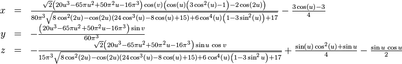 \begin{array}{rcl} x & = & \frac{\sqrt{2}\left( 20u^{3}-65\pi u^{2}+50\pi^{2}u-16\pi^{3}\right)\cos \left(v\right) \left(\cos \left(u\right)\left(3\cos^{2}\left(u\right)-1 \right)-2\cos\left(2u\right)\right)}{80\pi^{3}\sqrt{8\cos^{2}\left(2u\right)-\cos\left(2u\right)\left(24\cos^{3}\left(u\right)-8\cos\left(u\right)+15\right)+6\cos^{4}\left(u\right)\left(1-3\sin^{2}\left(u\right)\right)+17}}-\frac{3\cos \left(u\right)-3}{4}\\ y & = & -\frac{\left(20u^{3}-65\pi u^{2}+50\pi^{2}u-16\pi^{3}\right)\sin v}{60\pi^{3}}\\ z & = & -\frac{\sqrt{2}\left(20u^{3}-65\pi u^{2}+50\pi^{2}u-16\pi^{3}\right)\sin u \,\cos v}{15\pi^{3}\sqrt{8\cos^{2}\left(2u\right)-\cos\left(2u\right)\left(24\cos^{3}\left(u\right)-8\cos\left(u\right)+15\right)+6\cos^{4}\left(u\right)\left(1-3\sin^{2}u\right)+17}}+\frac{\sin \left(u\right) \cos^{2} \left(u\right)+\sin u}{4}-\frac{\sin u\,\cos u}{2} \end{array}
