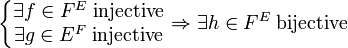 \left\{\begin{matrix}\exist f \in F^E \;{\rm injective} \\ \exist g \in E^F \;{\rm injective} \end{matrix} \right. \Rightarrow \exist h \in F^E \;{\rm bijective}