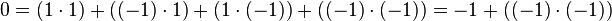 0 = (1\cdot 1) + ((-1)\cdot 1) + (1\cdot (-1)) + ((-1)\cdot (-1)) = -1 + ((-1)\cdot (-1))