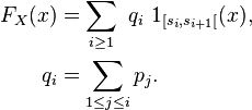  \begin{align} F_X(x)&=\sum_{i\ge 1}\ q_i\ 1_{[s_i,s_{i+1}[}(x), \\ q_i&=\sum_{1\le j\le i}p_j. \end{align} 