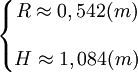\left\{ \begin{matrix} R\approx 0,542(m)\\ \\ H\approx 1,084(m)\\ \end{matrix} \right .