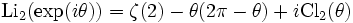 \operatorname{Li}_2(\exp(i \theta)) = \zeta(2) - \theta(2\pi-\theta) + i\operatorname{Cl}_2(\theta)
