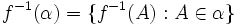 f^{-1}(\alpha) = \{f^{-1}(A) : A \in \alpha\}