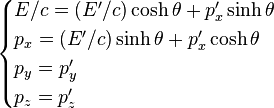 \begin{cases} E/c= (E'/c)\cosh \theta + p'_x \sinh \theta\\ p_x = (E'/c)\sinh\theta + p'_x \cosh\theta\\ p_y = p'_y\\ p_z =  p'_z \end{cases} 