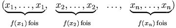 \begin{matrix}(\underbrace{x_1, \ldots, x_1}, & \underbrace{x_2, \ldots, x_2}, & \ldots, & \underbrace{x_n, \ldots, x_n})\\{}_{f(x_1)\rm{\,fois}} & {}_{f(x_2)\rm{\,fois}} & & {}_{f(x_n)\rm{\,fois}}\end{matrix}