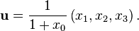 \mathbf{u} = \frac{1}{1+x_0}\left(x_1, x_2, x_3\right).