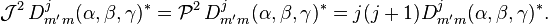  \mathcal{J}^2\, D^j_{m'm}(\alpha,\beta,\gamma)^* = \mathcal{P}^2\, D^j_{m'm}(\alpha,\beta,\gamma)^* = j(j+1) D^j_{m'm}(\alpha,\beta,\gamma)^*. 