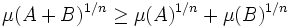 \mu (A+B)^{1/n}\geq \mu(A)^{1/n}+\mu (B)^{1/n}