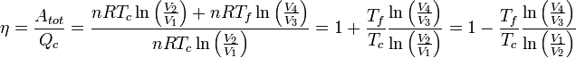 \eta = \frac{A_{tot}}{Q_c}=\frac{nRT_c \ln\left(\frac{V_2}{V_1}\right) + nRT_f \ln\left(\frac{V_4}{V_3}\right)}{nRT_c \ln\left(\frac{V_2}{V_1}\right)} = 1 + \frac{T_f}{T_c}  \frac{\ln\left(\frac{V_4}{V_3}\right)}{\ln\left(\frac{V_2}{V_1}\right)} = 1 - \frac{T_f}{T_c}  \frac{\ln\left(\frac{V_4}{V_3}\right)}{\ln\left(\frac{V_1}{V_2}\right)}