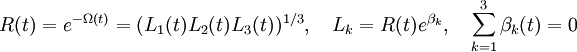 R(t) = e^{-\Omega(t)} = (L_1(t) L_2(t) L_3(t))^{1/3}, \quad L_k = R(t)e^{\beta_k}, \quad \sum_{k=1}^3 \beta_k(t) = 0