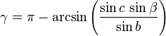 \gamma = \pi - \arcsin \left(\frac{\sin c\,\sin\beta}{\sin b}\right)