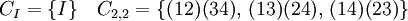 C_I = \{I\}\quad C_{2,2} = \{(12)(34),\,(13)(24),\,(14)(23)\}\;