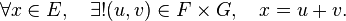 \forall x\in E,\quad\exists ! (u,v)\in F\times G,\quad x=u+v.
