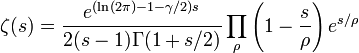 \zeta(s) = \frac{e^{(\ln(2\pi)-1-\gamma/2)s}}{2(s-1)\Gamma(1+s/2)} \prod_\rho \left(1 - \frac{s}{\rho} \right) e^{s/\rho} 