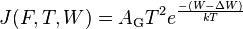 J (F,T,W) = A_{\mathrm{G}} T^2 e^{ - (W - \Delta W) \over k T}