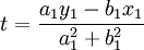 t=\frac{a_1y_1-b_1x_1}{a_1^2+b_1^2}