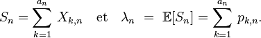 S_n=\sum_{k=1}^{a_n}\,X_{k,n}\quad\text{et}\quad\lambda_n\  =\ \mathbb{E}[S_n]=\sum_{k=1}^{a_n}\,p_{k,n}.\ 