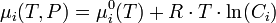 \mu_i(T,P) = \mu_i^0(T) + R \cdot T \cdot \ln(C_i)