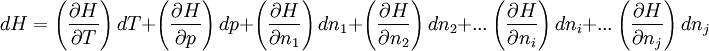 dH = \left(\frac{\partial H}{\partial T}\right) dT+ \left(\frac{\partial H}{\partial p}\right) dp + \left(\frac{\partial H}{\partial n_1}\right) dn_1 + \left(\frac{\partial H}{\partial n_2}\right) dn_2 + ...\left(\frac{\partial H}{\partial n_i}\right) dn_i + ...\left(\frac{\partial H}{\partial n_j}\right) dn_j~