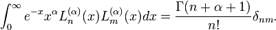 \int_0^{\infty}e^{-x}x^\alpha L_n^{(\alpha)}(x)L_m^{(\alpha)}(x)dx=\frac{\Gamma(n+\alpha+1)}{n!}\delta_{nm}.