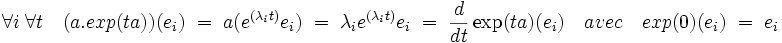 \forall i\; \forall t \quad (a.exp(ta))(e_i)\; = \; a (e^{(\lambda_i t)}e_i)\; =\; \lambda_i e^{(\lambda_i t)}e_i\; = \; \frac{d}{dt}\exp(ta)(e_i)\quad avec \quad exp(0)(e_i)\; = \; e_i