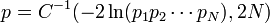 p = C^{-1}(-2 \ln(p_1 p_2 \cdots p_N), 2 N)