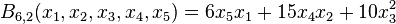 B_{6,2}(x_1,x_2,x_3,x_4,x_5)=6x_5x_1+15x_4x_2+10x_3^2