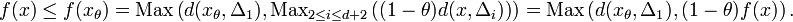  f(x)\leq f(x_\theta)=\mathrm{Max}\left(d(x_\theta,\Delta_1),\mathrm{Max}_{2\leq i\leq d+2}\left((1-\theta)d(x,\Delta_i)\right)\right)=\mathrm{Max}\left(d(x_\theta,\Delta_1),(1-\theta)f(x)\right).