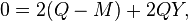  0 = 2(Q-M) + 2QY , \,\!
