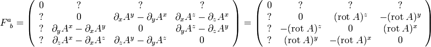 F^a_{\;\;b} = \left(\begin{array}{cccc}0 & ? & ? & ? \\ ? & 0 & \partial_x A^y - \partial_y A^x &  \partial_x A^z - \partial_z A^x \\ ?  & \partial_y A^x - \partial_x A^y & 0  & \partial_y A^z - \partial_z A^y \\ ? & \partial_z A^x - \partial_x A^z & \partial_z A^y - \partial_y A^z & 0 \end{array} \right)  = \left(\begin{array}{cccc}0 & ? & ? & ? \\ ? & 0 & ({\rm rot}\; A)^z & -({\rm rot} \;A)^y \\ ? & -({\rm rot}\; A)^z & 0 & ({\rm rot}\; A)^x \\ ? & ({\rm rot}\; A)^y & -({\rm rot} \;A)^x & 0 \end{array} \right)