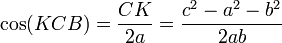 \cos(KCB)=\frac{CK}{2a}=\frac{c^2-a^2-b^2}{2ab}