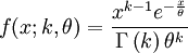 f(x;k,\theta) = \frac{{x^{k  - 1}  e^{ - \frac{x}{\theta }} }}{{\Gamma \left( k  \right)  \theta ^k  }} 